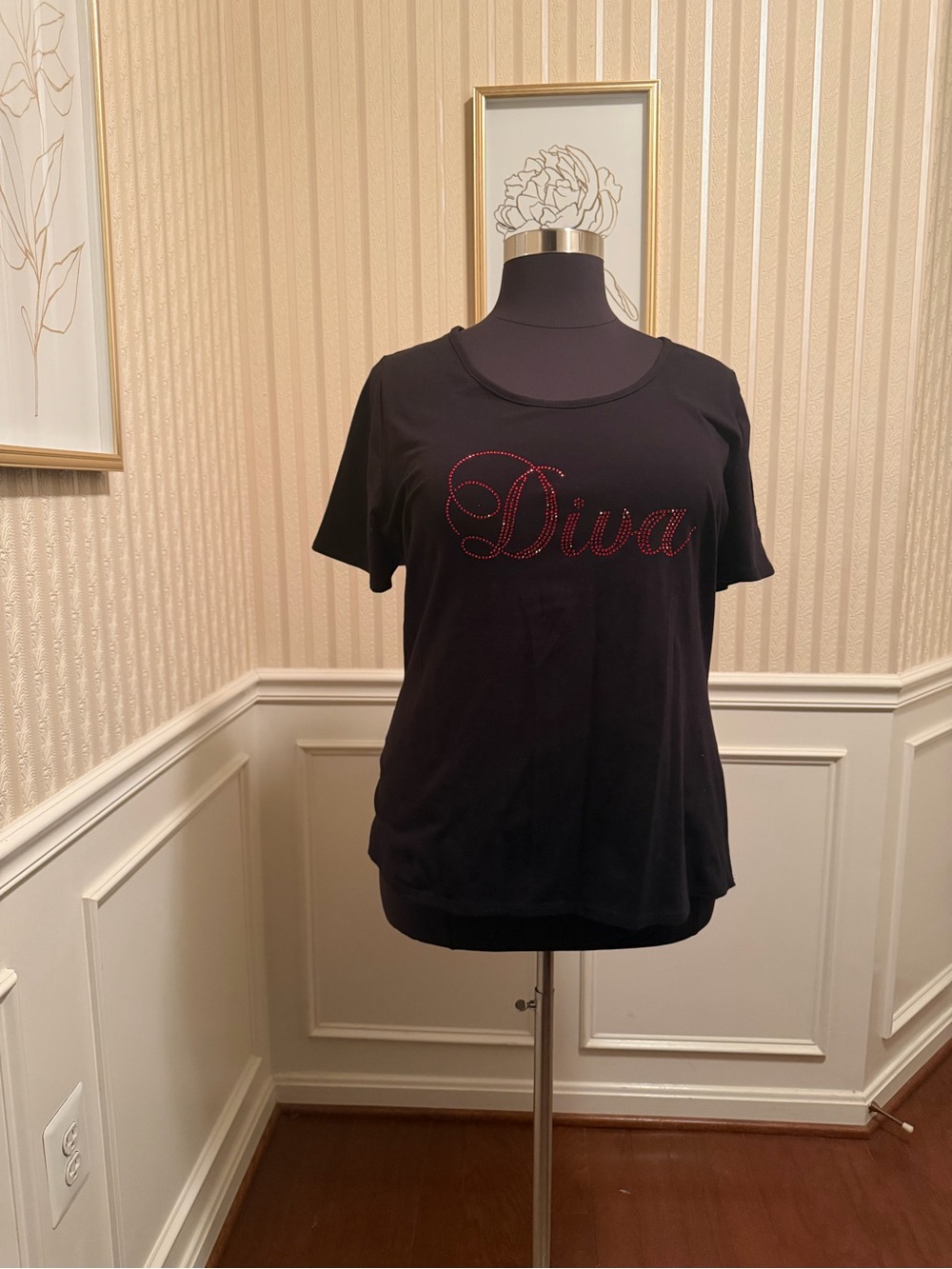 Ashley Stewart Black Short-Sleeve 'Diva' Top with Red Rhinestones New!! HOT ITEM